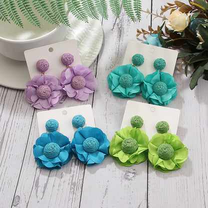 Exaggerated Vacation Flower Raffia Patchwork Women's Drop Earrings