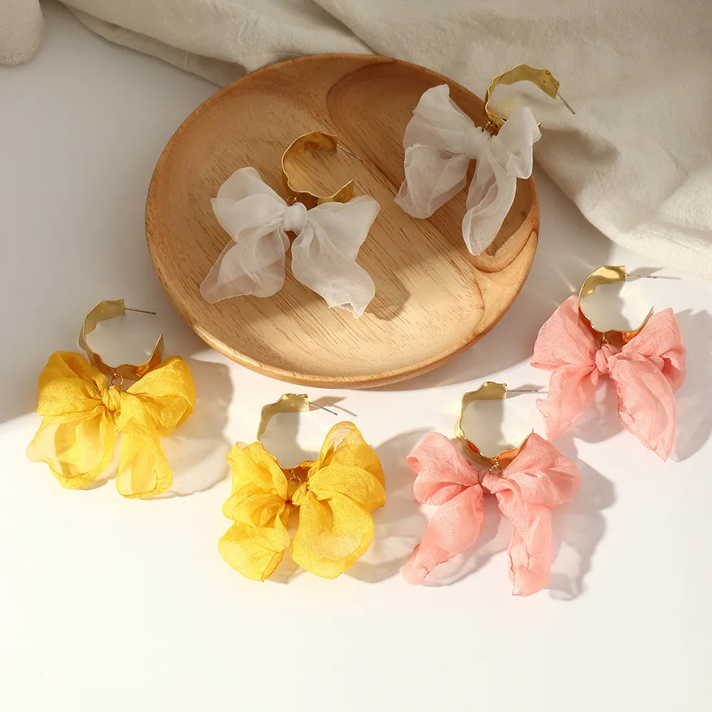 Fabric Yarn Bow Knot Earrings Mori Girls C-Shaped Earrings