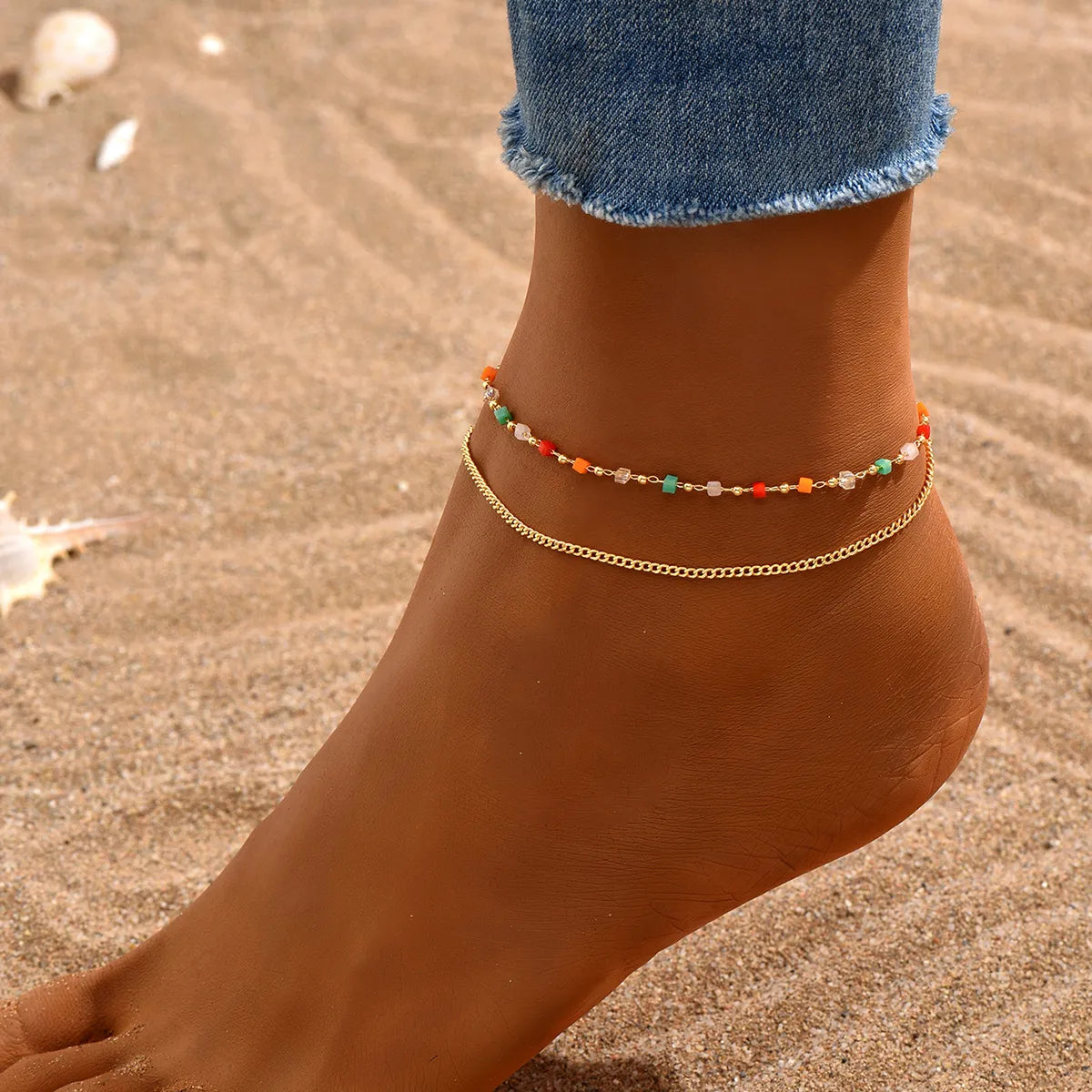 Fairy Style Beach Geometric Square 18k Gold Plated White Gold Plated Glass Copper Wholesale Anklet