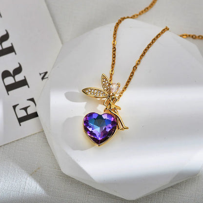 Fairy Style Cartoon Character Heart Shape Titanium Steel Copper Inlay Zircon Pendant Necklace