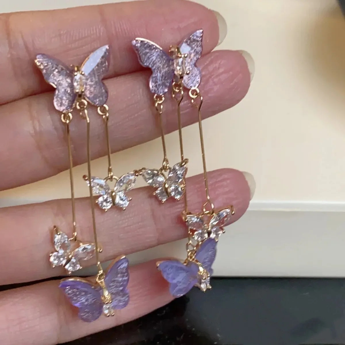 Fairy Style Elegant Streetwear Geometric Butterfly Bow Knot Alloy Inlay Zircon Women'S Drop Earrings