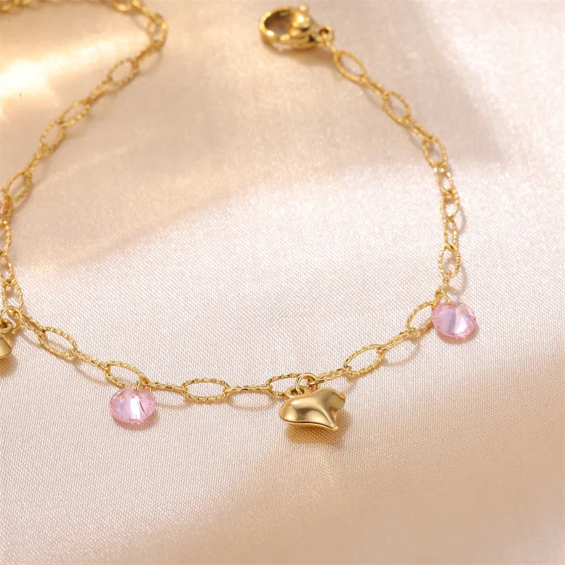 Wholesale Jewelry Fairy Style French Style Sweet Heart Shape 304 Stainless Steel Rhinestones Plating Inlay Anklet