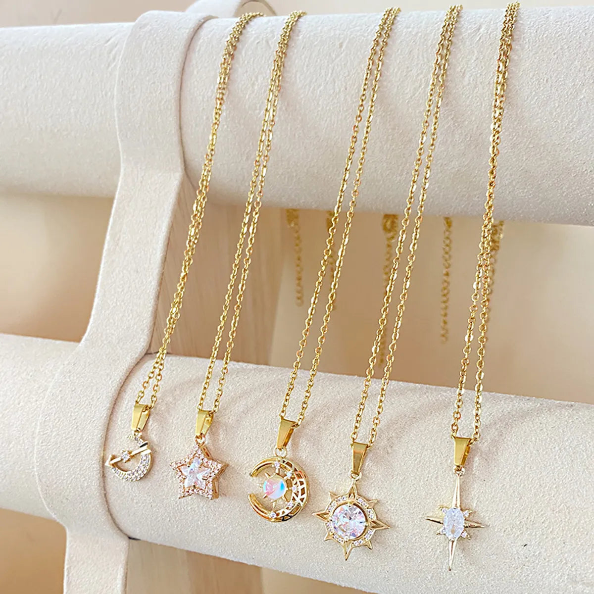 Fairy Style Korean Style Starry Sky Moon Stainless Steel Copper Plating Inlay Zircon Gold Plated Pendant Necklace