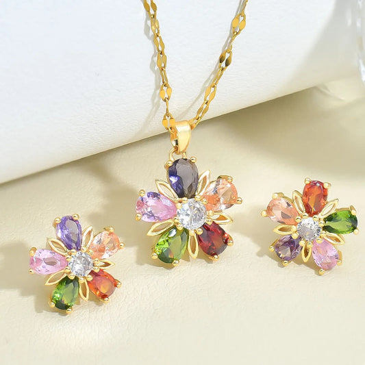 Fairy Style Leaf Flower Titanium Steel Inlay Zircon Women's Earrings Necklace Jewelry Set