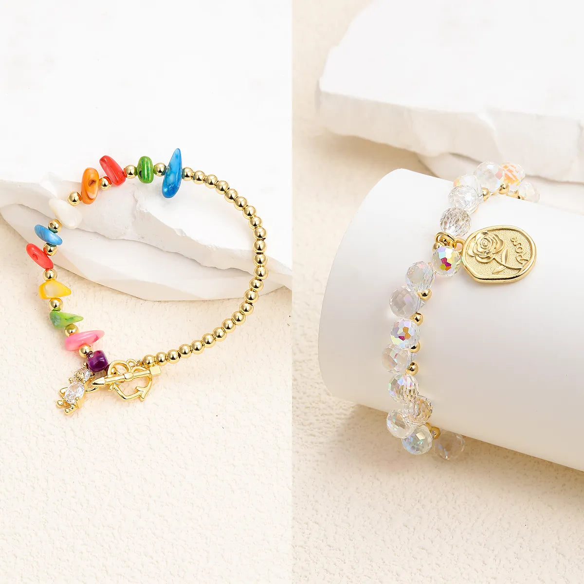 Fairy Style Princess Heart Shape Rose Stainless Steel Glass Steel Beaded Plating Inlay Zircon 18k Gold Plated Bracelets