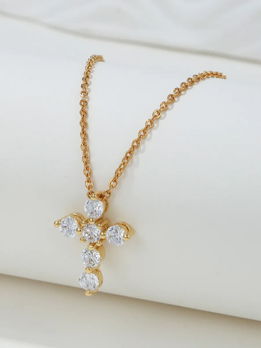 Fairy Style Simple Style Cross Copper 18k Gold Plated Zircon Pendant Necklace In Bulk