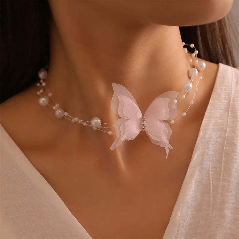 Fairy Style Sweet Classic Style Butterfly Artificial Pearl Plastic Polyester Wholesale Pendant Necklace