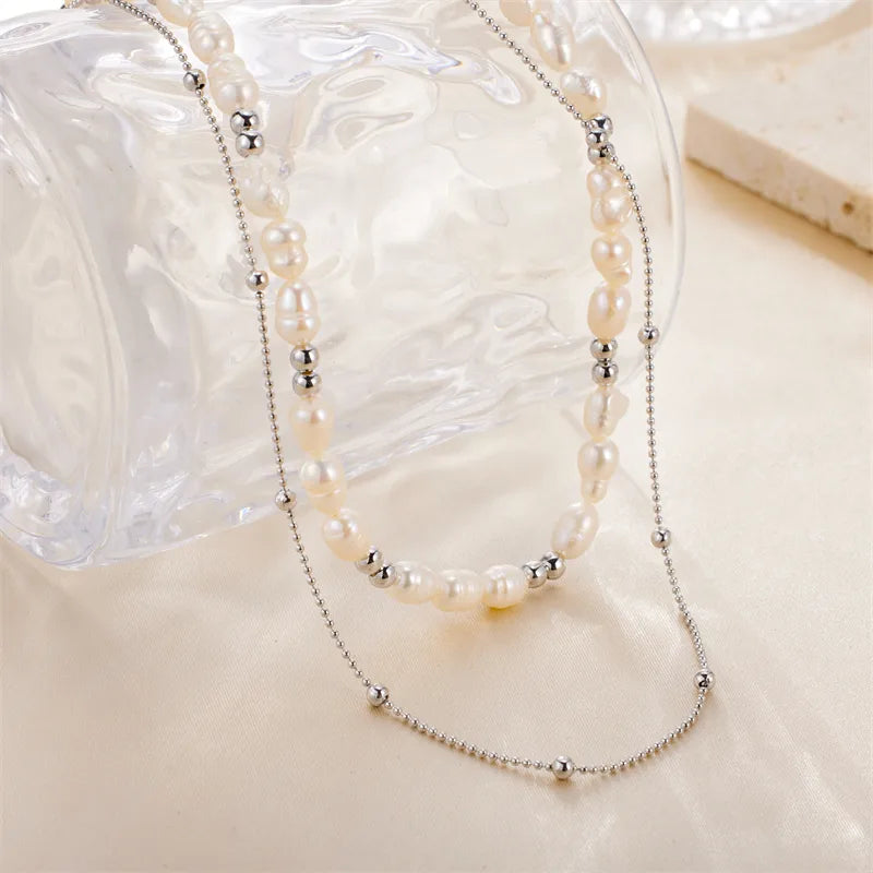 Wholesale Jewelry Fairy Style Sweet Solid Color Stainless Steel Pearl Handmade Plating Double Layer Necklaces