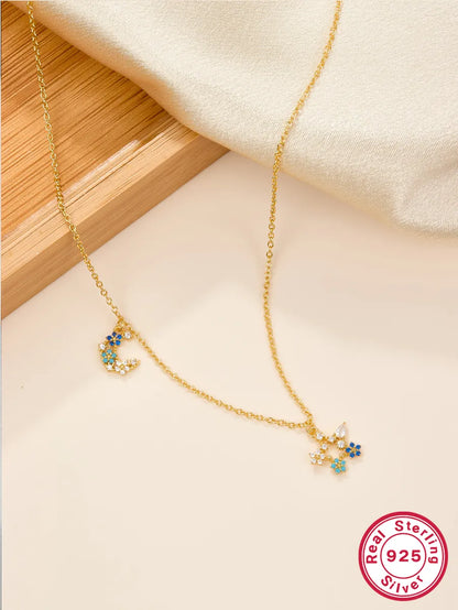 Fairy Style Sweet Star Moon Flower Sterling Silver 18k Gold Plated Zircon Pendant Necklace In Bulk