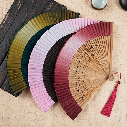 Fan Folding Fan Antique Style Women'S Solid Color Gradient Golden Green Summer Portable Jianghu Japanese Fan Wholesale