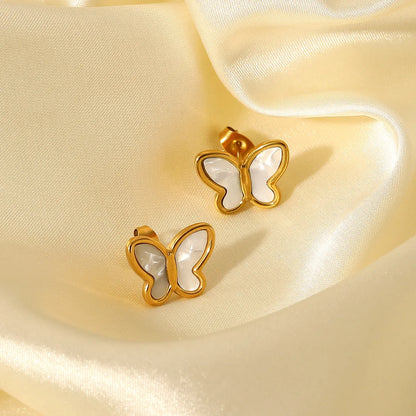 Fashion 18k Gold Natural White Shell Butterfly Shape Stainless Steel Stud