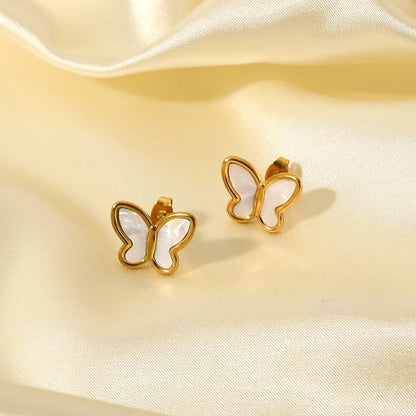 Fashion 18k Gold Natural White Shell Butterfly Shape Stainless Steel Stud