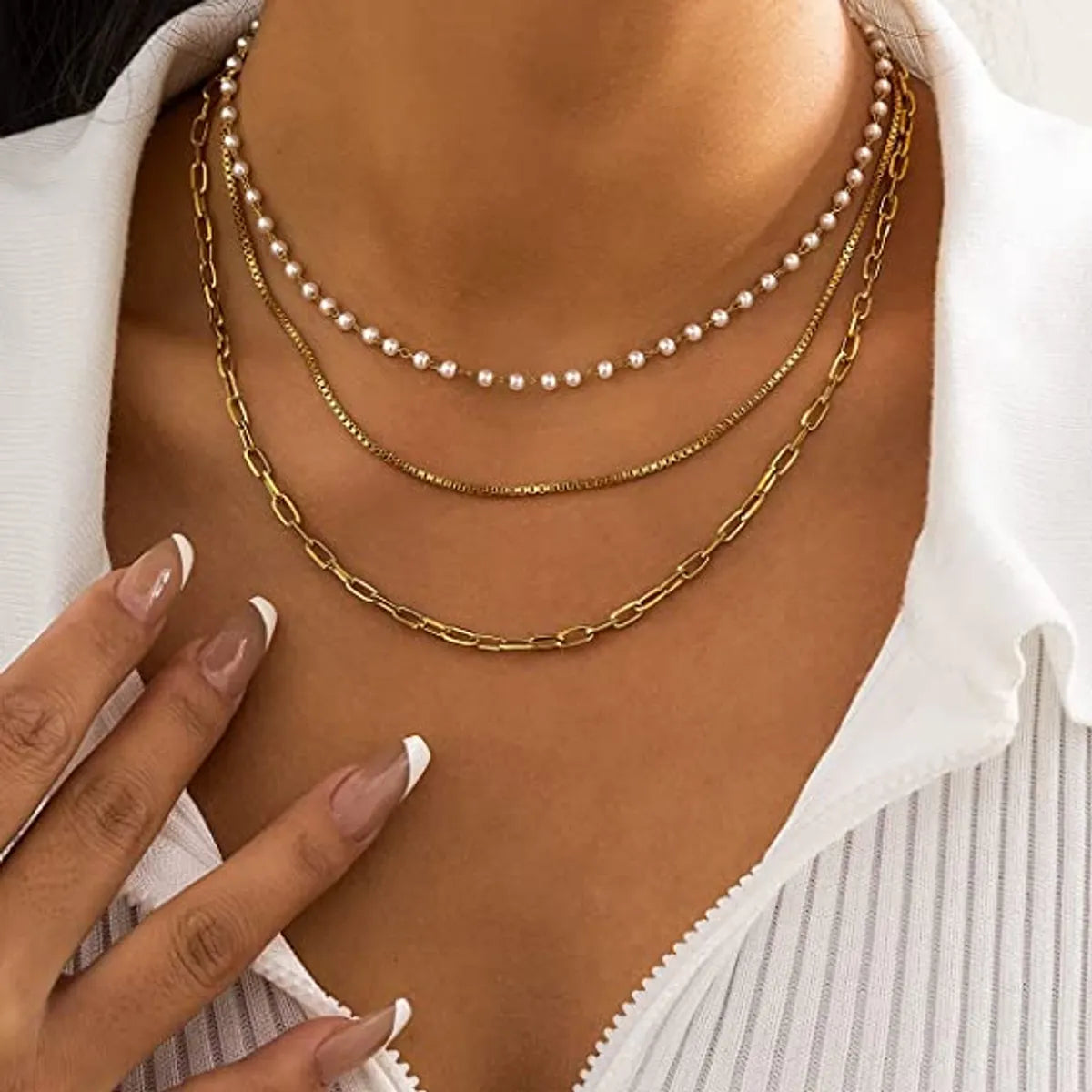 Fashion 18k Gold Stainless Steel Small Pearl Chain Three-layer Necklace Women