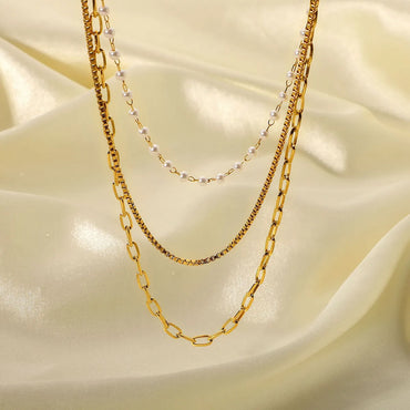 Fashion 18k Gold Stainless Steel Small Pearl Chain Three-layer Necklace Women