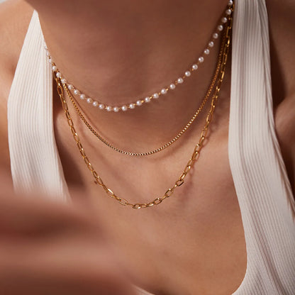 Fashion 18k Gold Stainless Steel Small Pearl Chain Three-layer Necklace Women