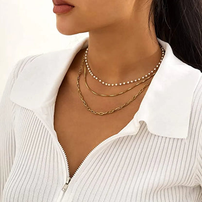 Fashion 18k Gold Stainless Steel Small Pearl Chain Three-layer Necklace Women