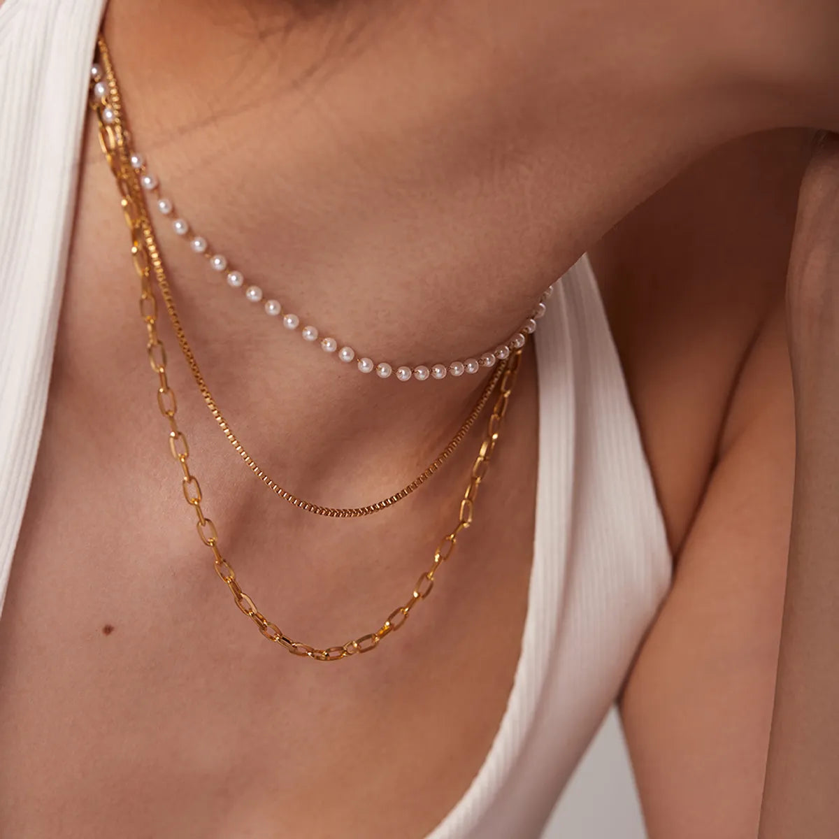 Fashion 18k Gold Stainless Steel Small Pearl Chain Three-layer Necklace Women