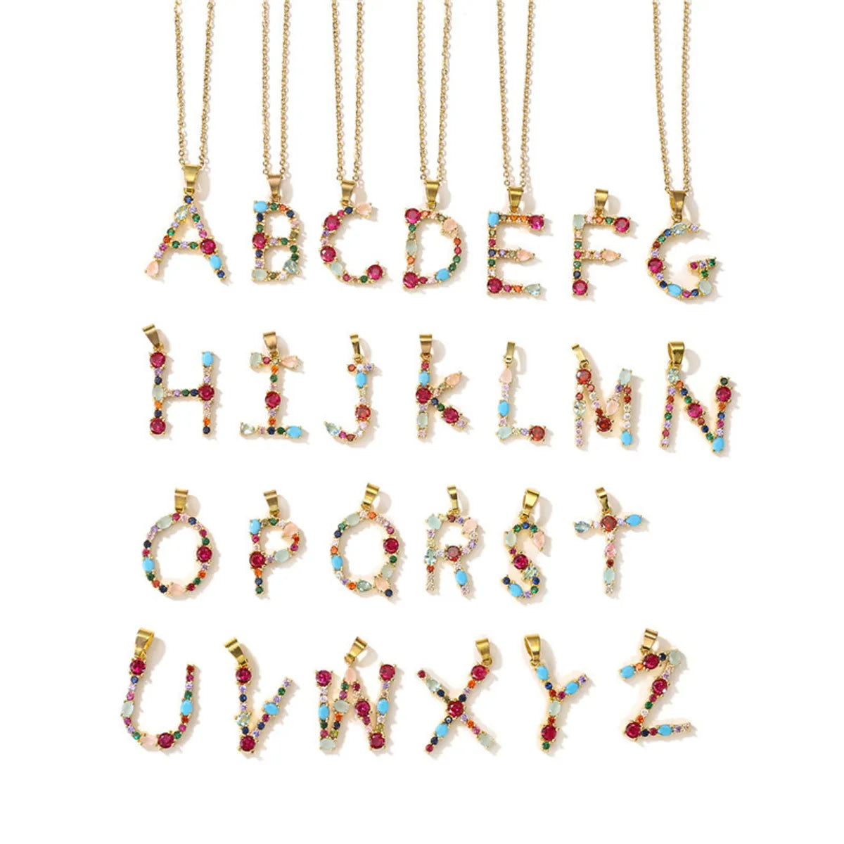 26 English Letter Necklace  New Mixed Colored Gem Inlaid Clavicle Chain Female Color Retention Electroplating Best Seller In Europe And America