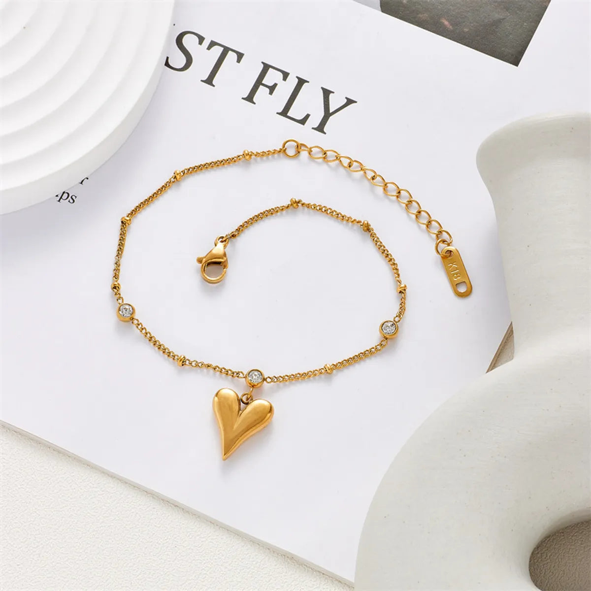 Fashion Adjustable Golden Pendant Heart Inlaid Rhinestone Stainless Steel Anklet Bracelet