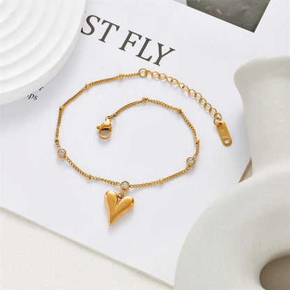 Fashion Adjustable Golden Pendant Heart Inlaid Rhinestone Stainless Steel Anklet Bracelet