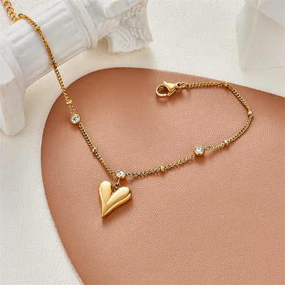 Fashion Adjustable Golden Pendant Heart Inlaid Rhinestone Stainless Steel Anklet Bracelet