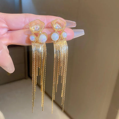 Fashion Alloy Diamond-Studded Geometric Earrings Long Tassel Flower Earrings