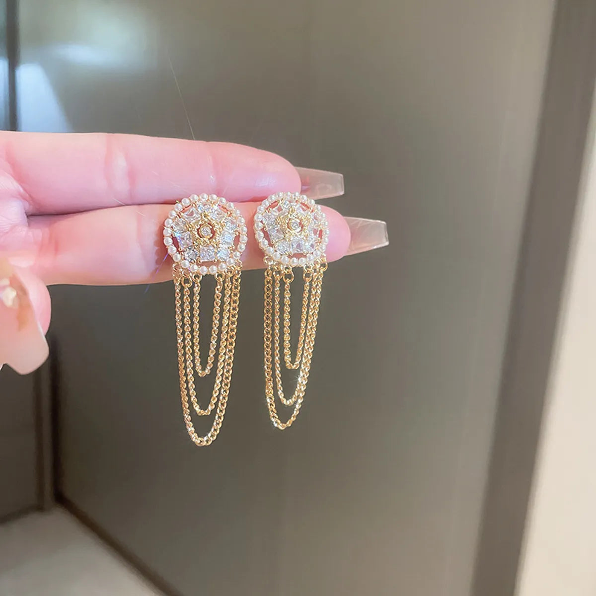 Fashion Alloy Diamond-Studded Geometric Earrings Long Tassel Flower Earrings