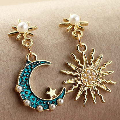 Fashion Alloy Inlaid Pearl Asymmetric Sun Moon Earrings