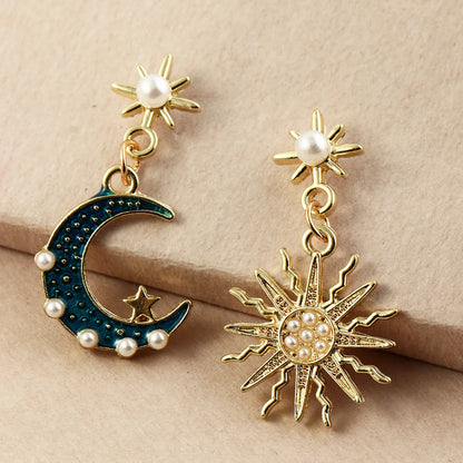 Fashion Alloy Inlaid Pearl Asymmetric Sun Moon Earrings