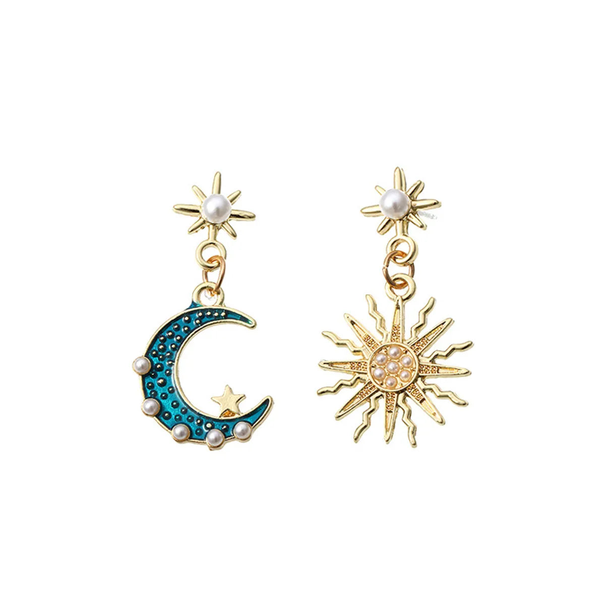 Fashion Alloy Inlaid Pearl Asymmetric Sun Moon Earrings