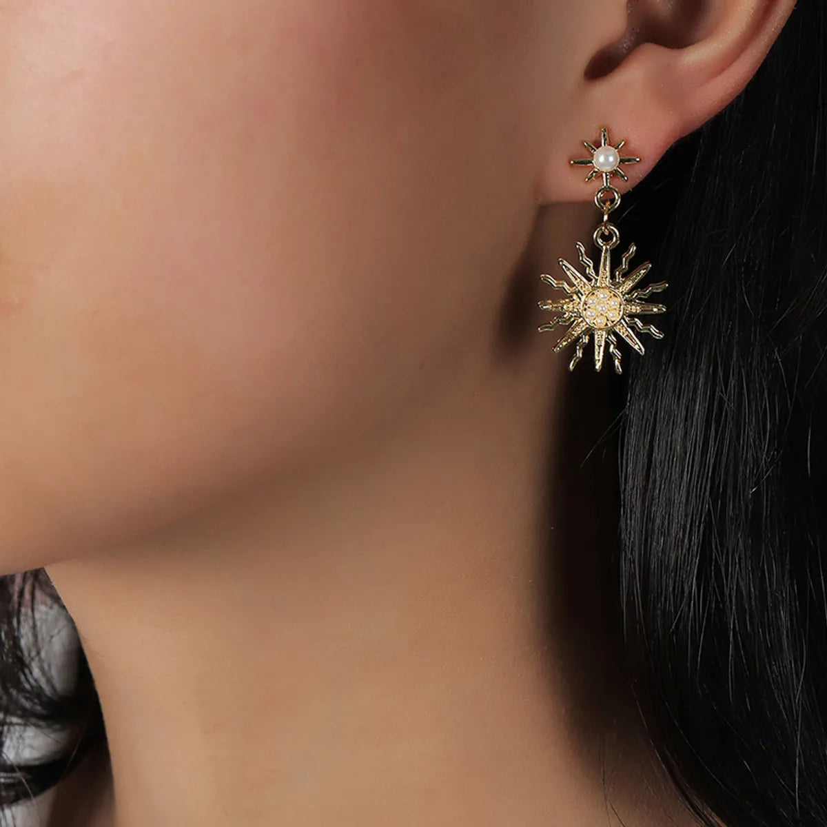 Fashion Alloy Inlaid Pearl Asymmetric Sun Moon Earrings