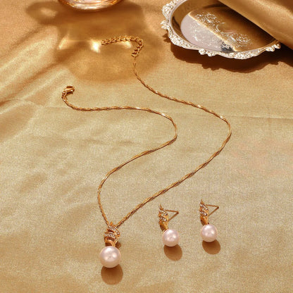 Fashion Alloy Pearl Diamond Earrings Necklace Set