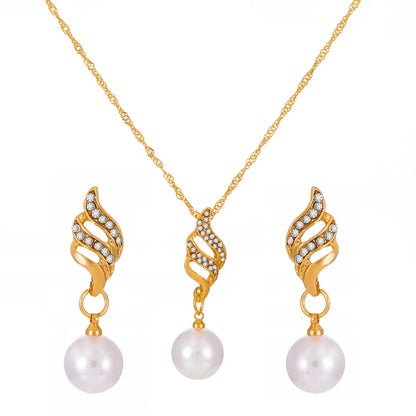 Fashion Alloy Pearl Diamond Earrings Necklace Set