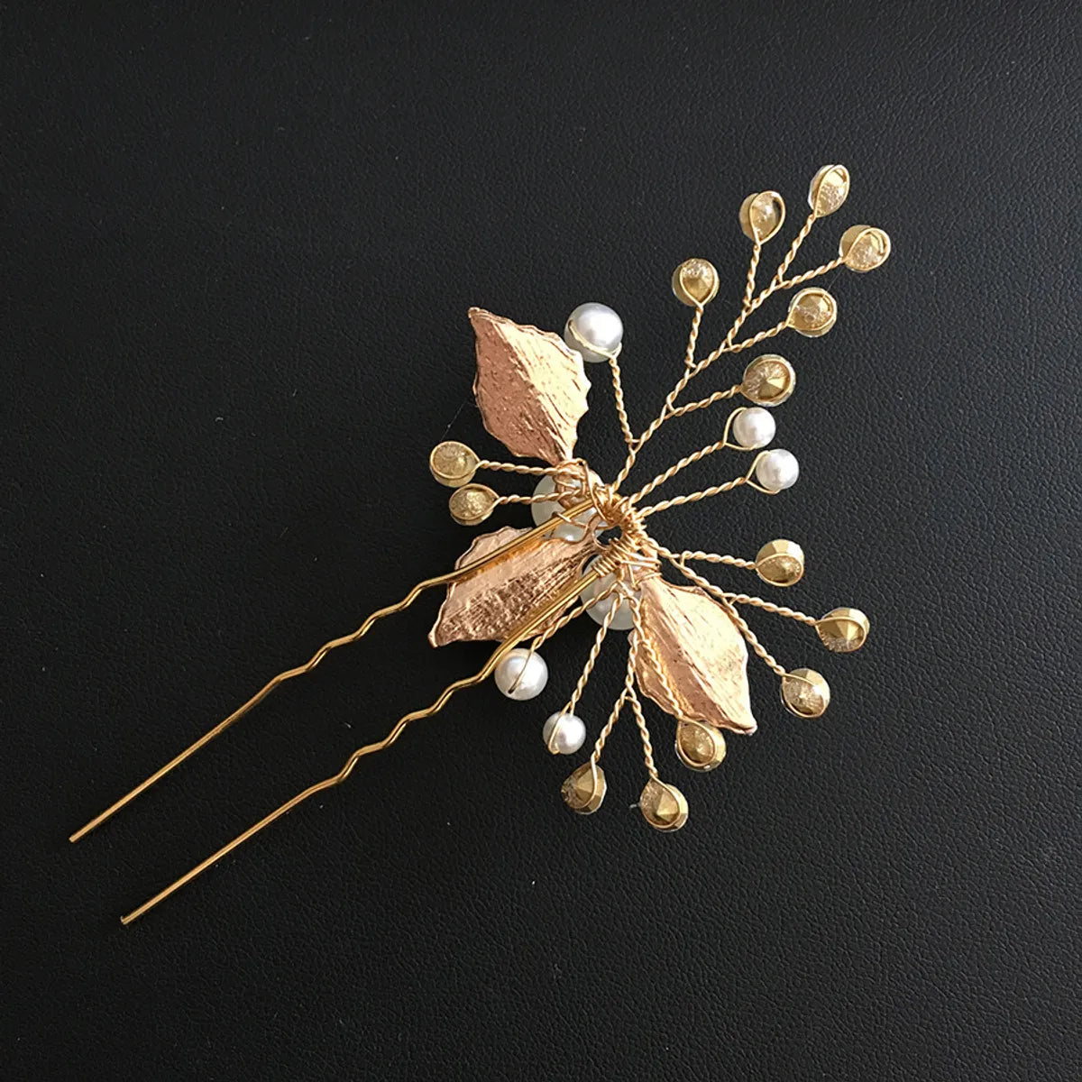 Fashion Alloy White Leaf Pearl Inlaid Diamond Hairpin