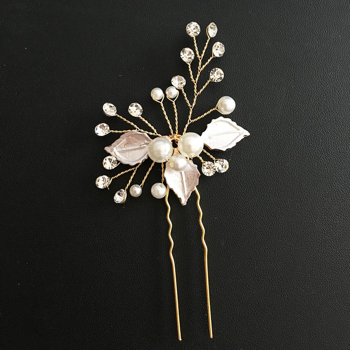 Fashion Alloy White Leaf Pearl Inlaid Diamond Hairpin