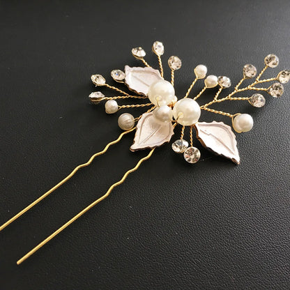 Fashion Alloy White Leaf Pearl Inlaid Diamond Hairpin