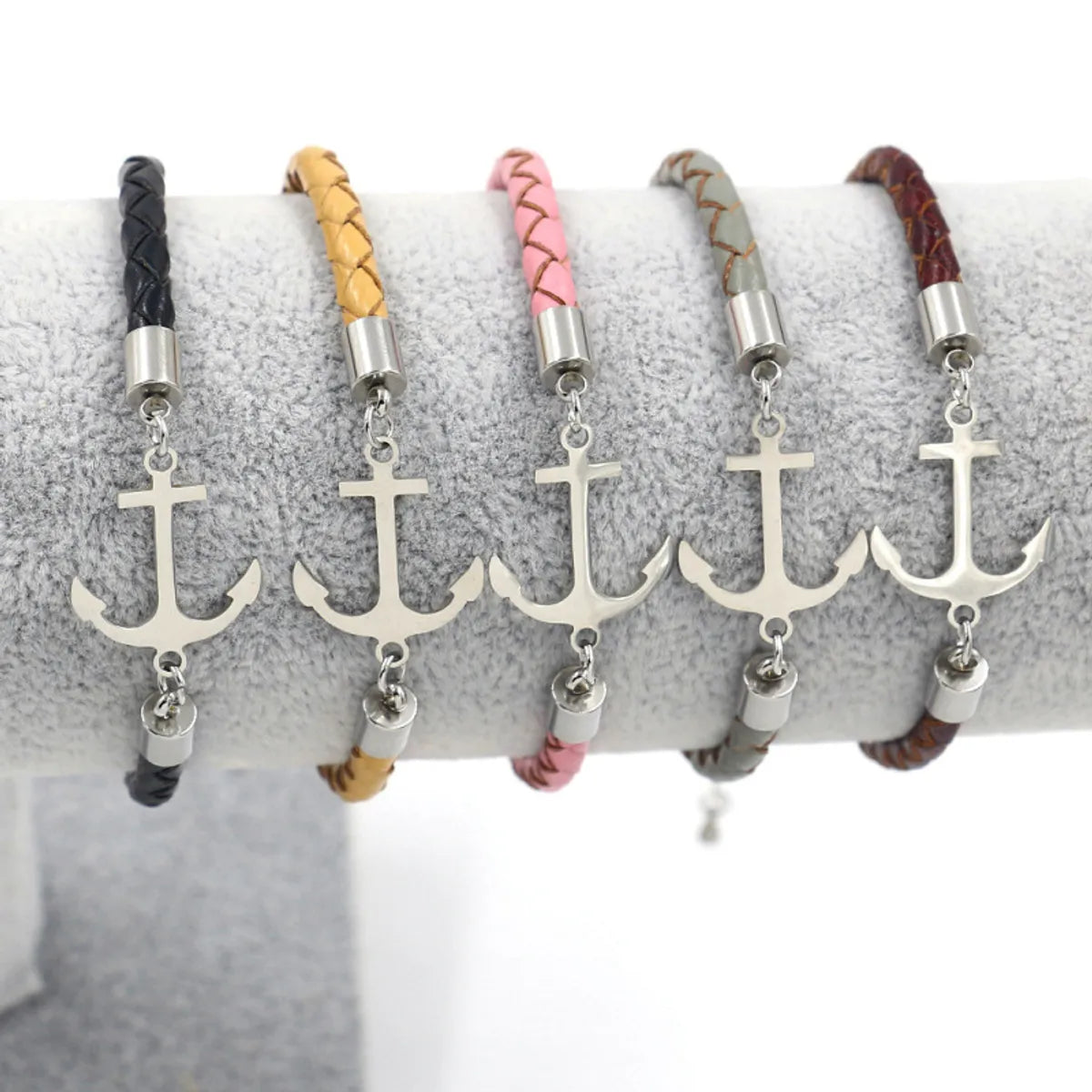 Fashion Anchor Stainless Steel Leather Patchwork Braid Bracelets