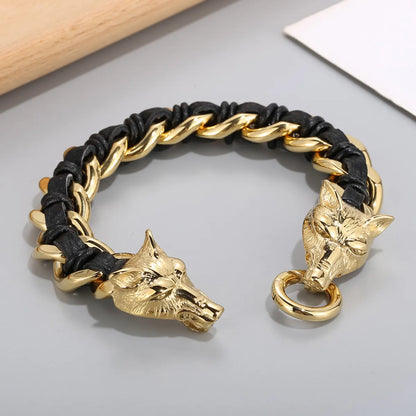 Fashion Animal Wolf Stainless Steel Leather Braid Bangle