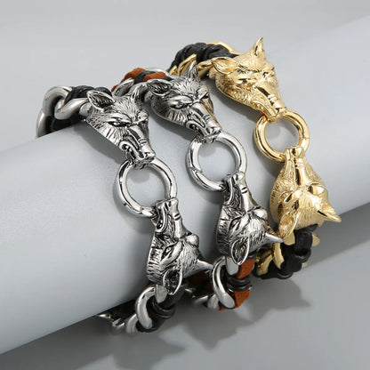 Fashion Animal Wolf Stainless Steel Leather Braid Bangle