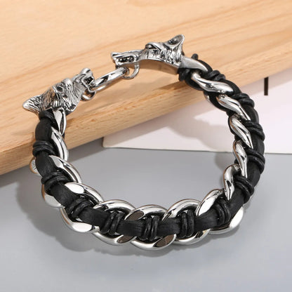 Fashion Animal Wolf Stainless Steel Leather Braid Bangle