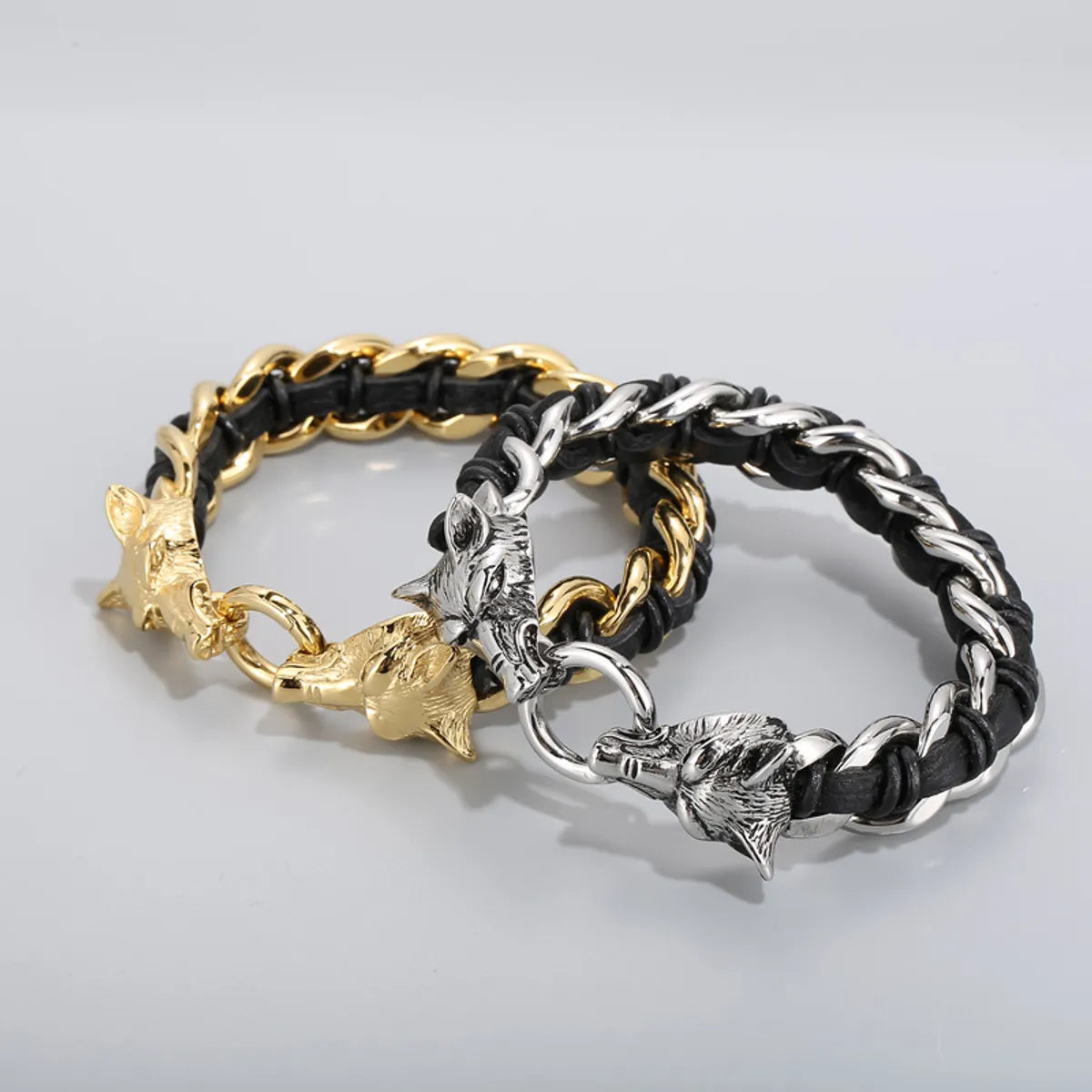 Fashion Animal Wolf Stainless Steel Leather Braid Bangle