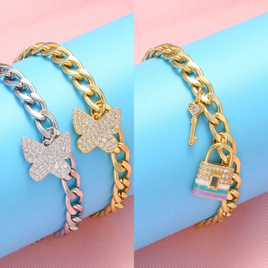 Fashion Bead Buckle Micro-set Zircon Butterfly Key Lock Pendant Copper Bracelet