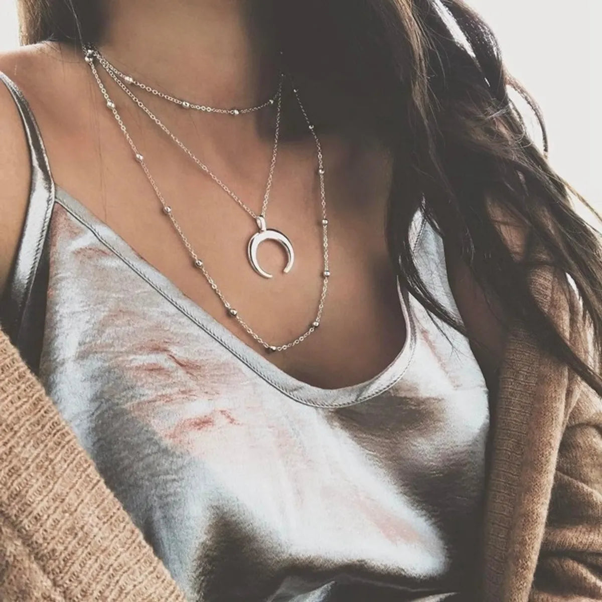 Fashion Bead Chain Sweater Chain Horn Three-Layer Long Necklace