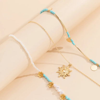 Fashion Beaded Sequins Flower Pendant Alloy Muilt-layer Necklace