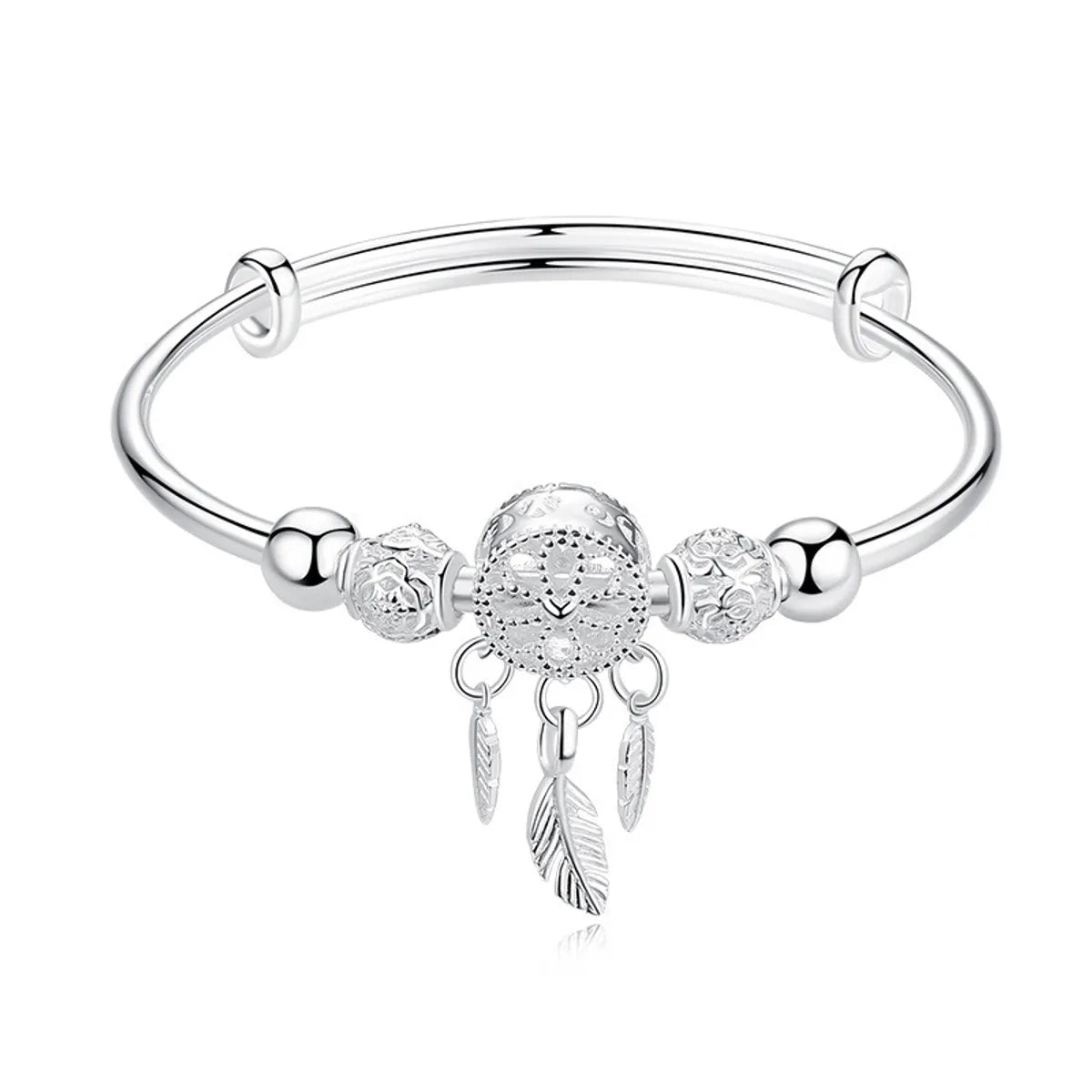 Fashion Bell Hollow Bracelet Dream Catcher Feather Push-pull Adjustable Copper Bracelet