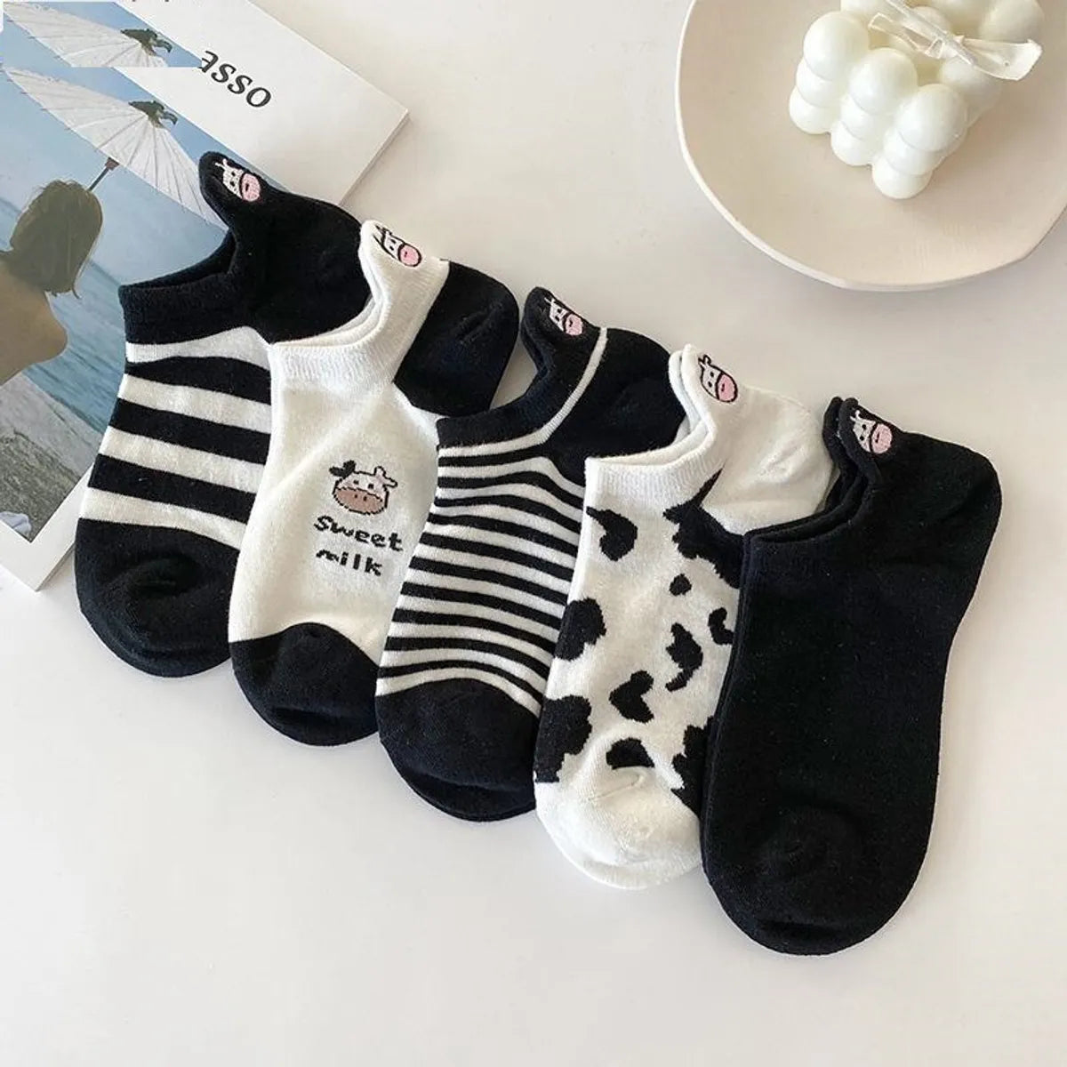 Fashion Black And White Cow Cartoon Short Cotton Socks Wholesale