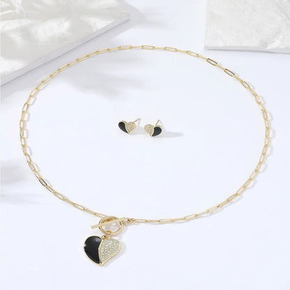 Fashion Black Heart T-shaped Stud Earrings Necklace Set