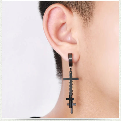 Fashion Black Punk Earrings Titanium Cross Steel Ear Clips