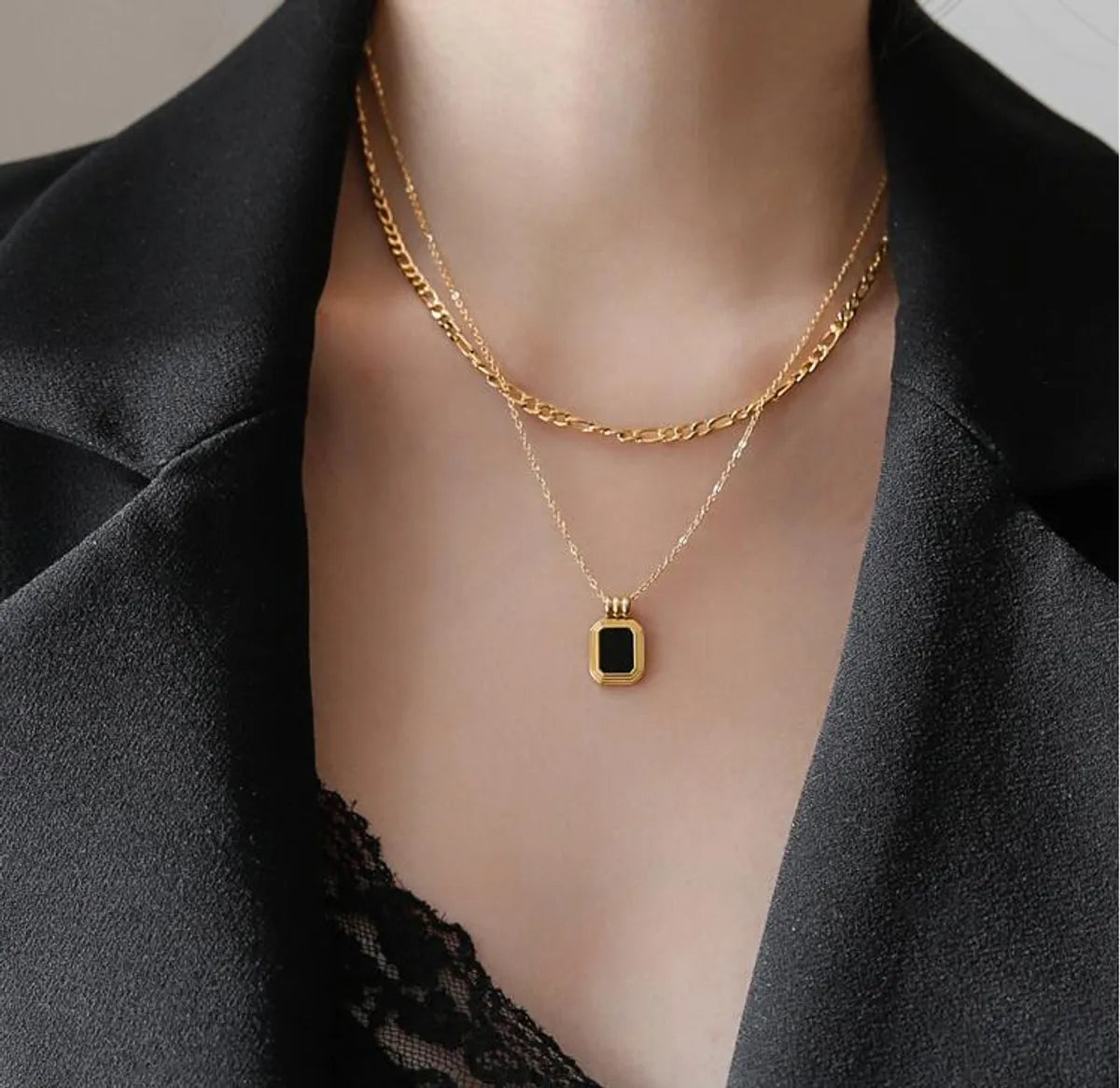 Fashion Black Square Double Layered Titanium Steel Necklace Wholesale