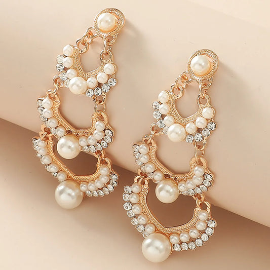 Fashion Bohemian Long Inlay Pearl Tassel Pearl Alloy Stud Earrings